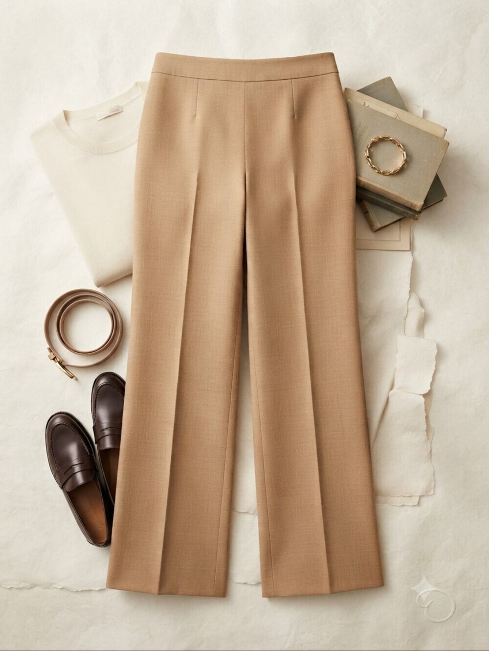 Oscar De La Renta Tan Wool Wide Leg Trousers